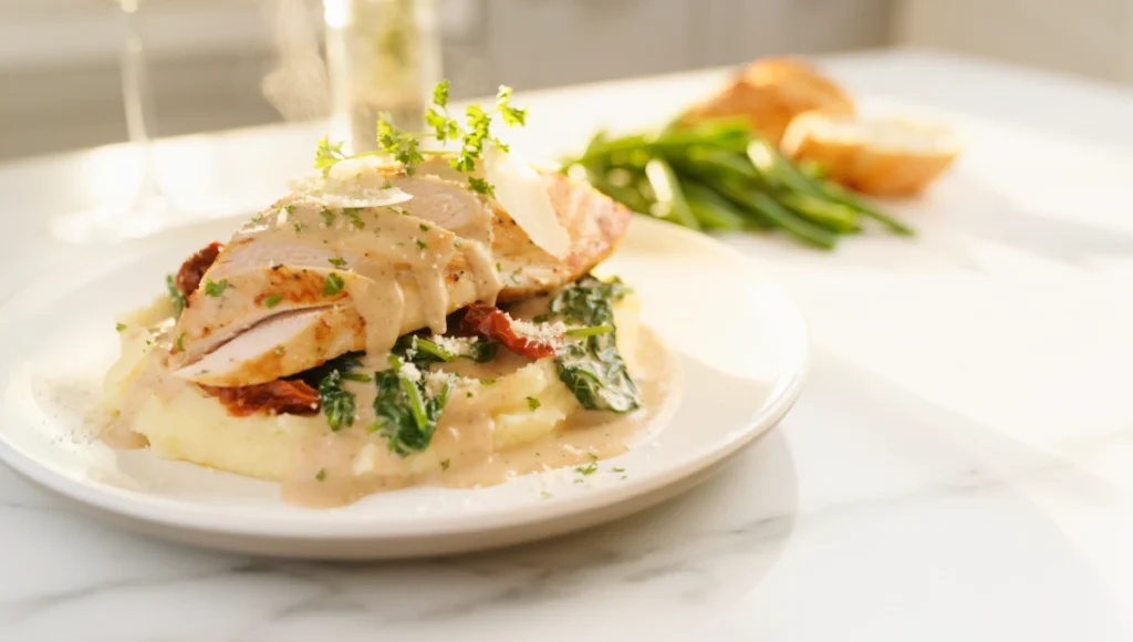 Plated Tuscan crockpot chicken in creamy sauce over mashed potatoes, garnished with parsley and served with green beans and bread
