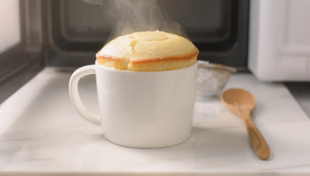 Just-cooked warm vanilla mug cake in mug straight from microwave, fluffy top with light steam, easy 5-minute dessert