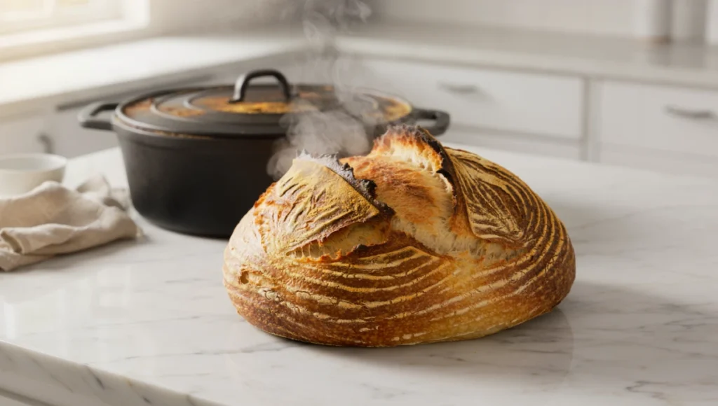 Golden crust Dutch oven bread fresh from the oven with steam and artisanal cracks