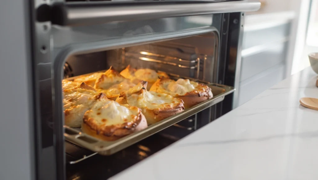 Garlic cheese toasts baking in oven with bubbling melted cheese and crispy edges