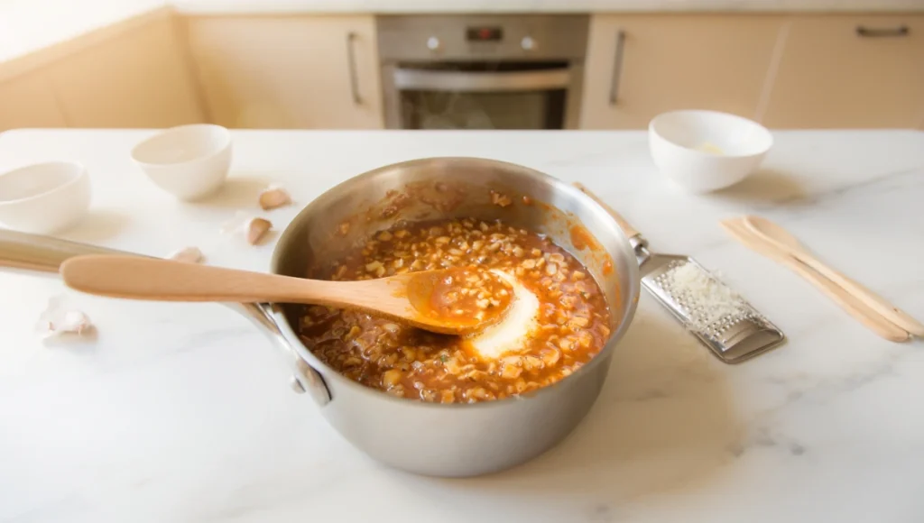 Creamy garlic parmesan sauce with melted cheese and butter prepared for rich crockpot chicken drumsticks