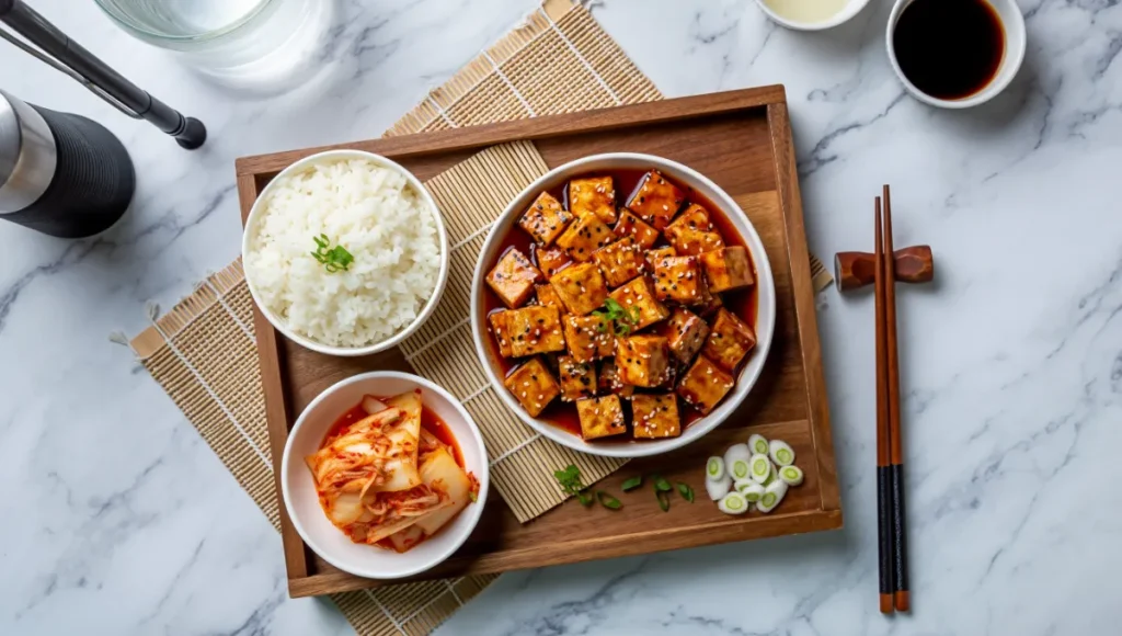 Yangnyeom tofu with steamed rice, kimchi, and pickled radishes for authentic Korean meal