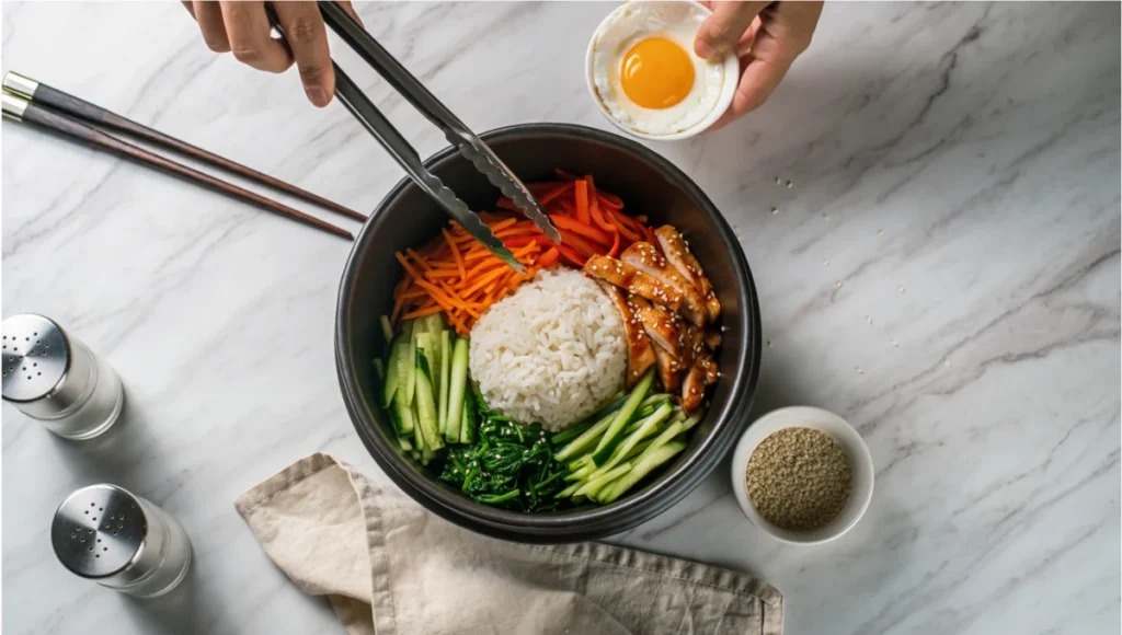 Assembling homemade Bibibop bibimbap bowl with chicken veggies and rice using tongs on marble counter