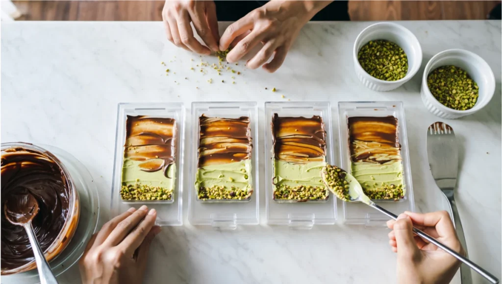 Assembling healthier Dubai chocolate bar in molds with pistachio filling and kunafa layers