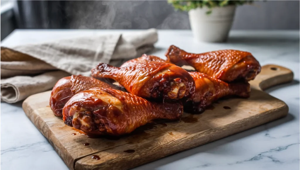 Freshly smoked gochujang chicken drumsticks with glossy glaze and smoke-kissed skin on wooden board