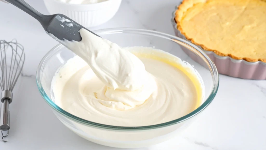 Folding fluffy whipped cream into cheesecake filling for light no-bake texture