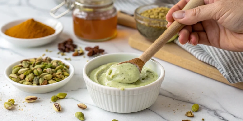 Hand mixing pistachio butter with Greek yogurt in a white bowl, creating a smooth, nutty filling in a bright, minimalist kitchen.