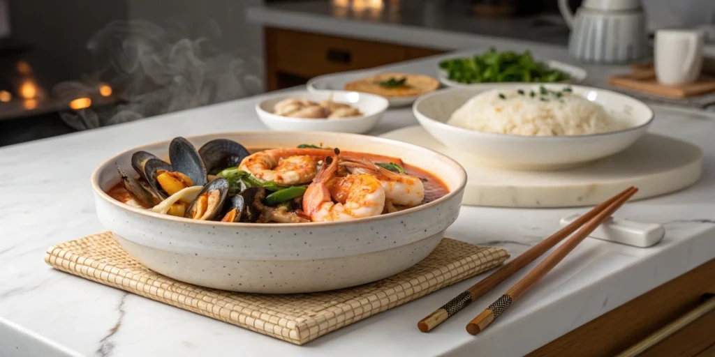 Haemul Jeongol seafood hot pot bubbling on a portable burner, surrounded by Korean side dishes in a modern kitchen.