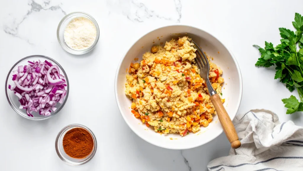 Overhead view of mashing chickpeas with vegetables, spices, and binder for homemade chickpea burgers, ingredients mixed in white bowl on marble counter