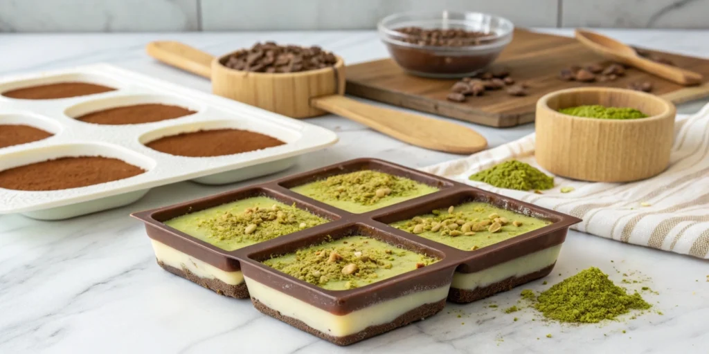 Layered Dubai chocolate bars in silicone molds, with dark chocolate, pistachio filling, and kunafa on a marble countertop in a modern kitchen.