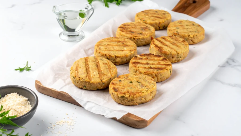 Formed chickpea burger patties on parchment-lined board, ready to chill, with visible vegetable flecks and spices on white marble kitchen counter