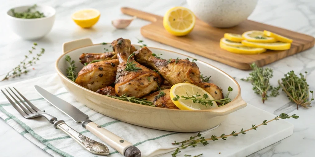 Lemon herb chicken drumsticks served on a white plate with fresh thyme and lemon wedges, set against a pristine white marble kitchen countertop.