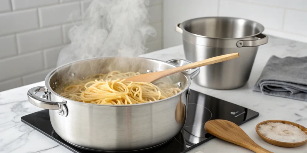 Noodles boiling in a stainless steel pot with steam rising, set on a stovetop embedded in a marble countertop, with a wooden spoon nearby.