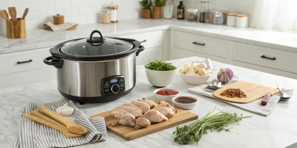 Raw chicken drumsticks in a crockpot with fresh garlic, soy sauce, and spices on a white marble countertop in a modern kitchen.