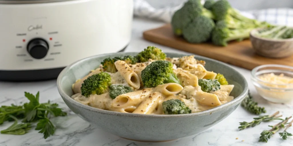 Broccoli and cashew cheese pasta in a gray bowl, with a creamy sauce and fresh broccoli on a marble countertop.