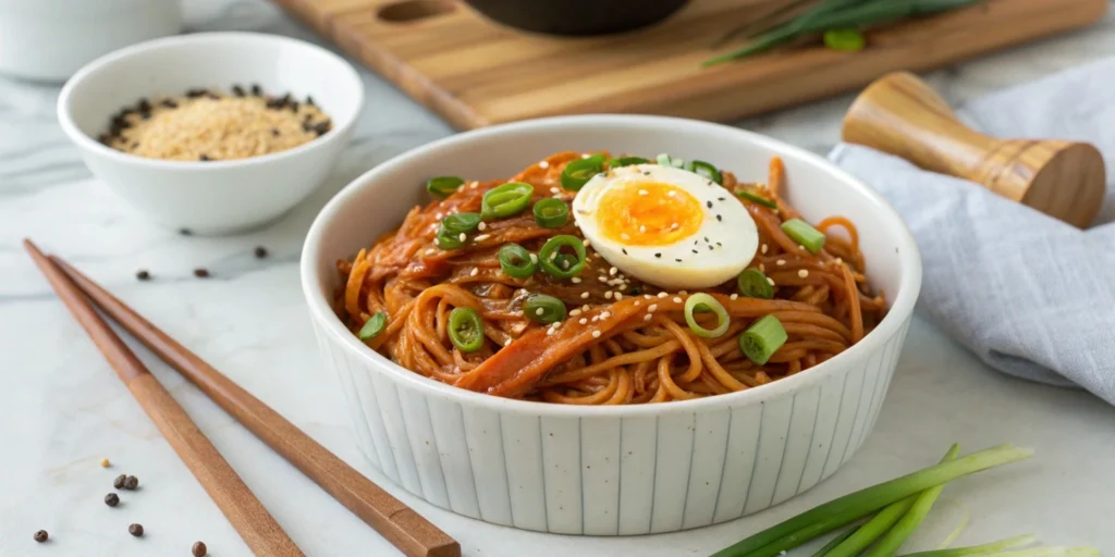 Butter gochujang noodles served in a white ceramic bowl with sesame seeds, green onions, and a soft-boiled egg, placed on a marble countertop with wooden chopsticks nearby.