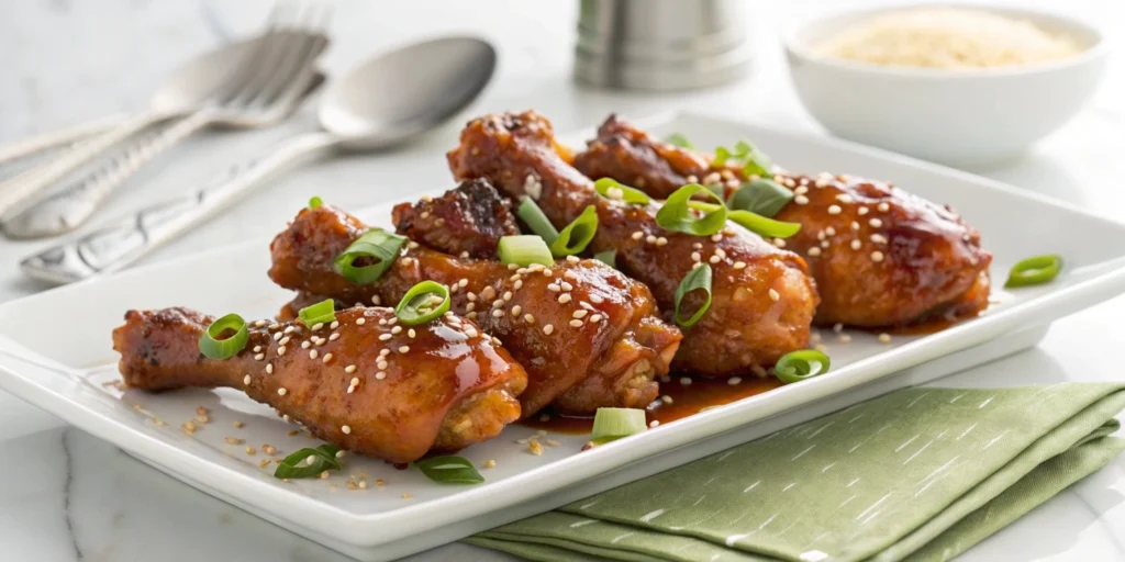Close-up of honey garlic glazed chicken drumsticks on a white plate, garnished with green onions and sesame seeds, in a bright, well-organized kitchen.