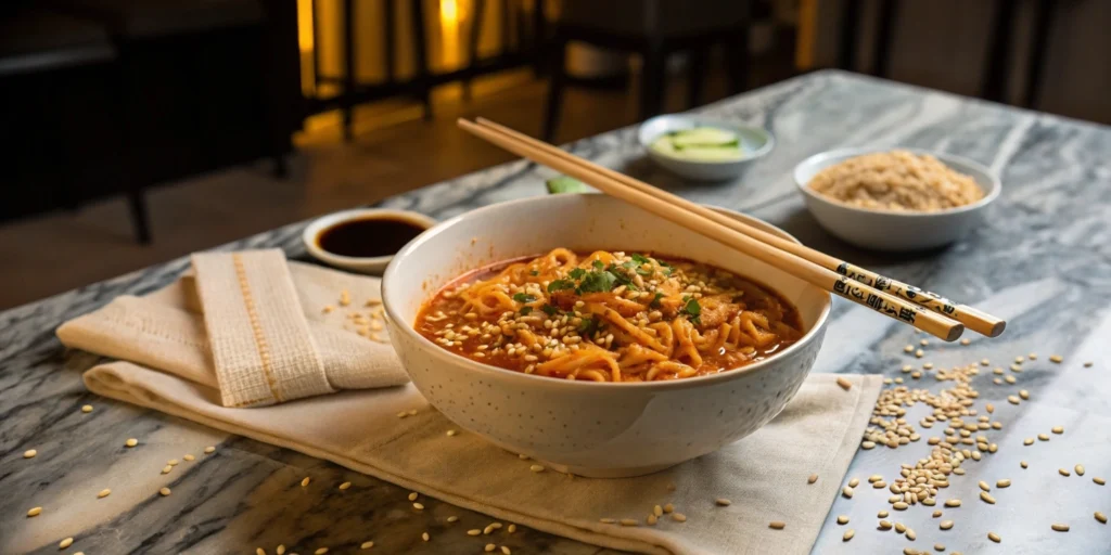 Completed bowl of spicy ramen with chopsticks and garnishes on a marble countertop.