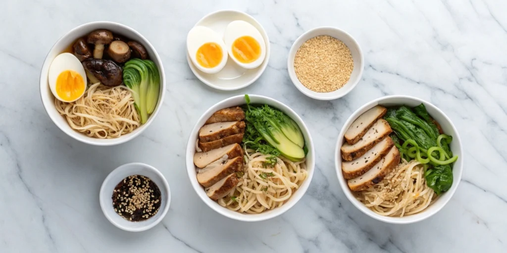 Assorted ramen toppings in bowls, including eggs, pork slices, bok choy, and mushrooms, on a marble countertop.