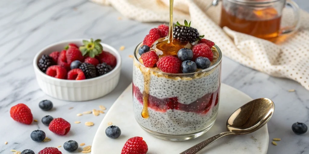 Glass jar of vegan berry chia pudding with honey drizzle, surrounded by fresh berries on a marble countertop.