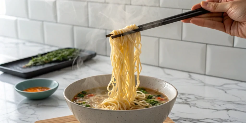 Cooked ramen noodles being lifted from a bowl of steaming broth with chopsticks.