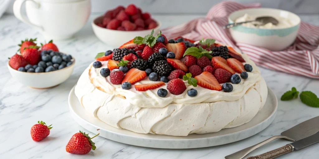 Delicate pavlova topped with fresh berries on a white marble kitchen countertop.
