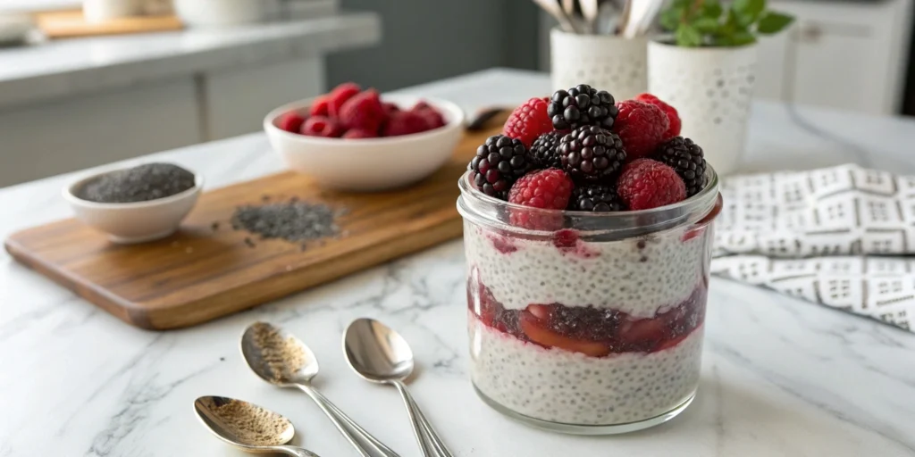 Chia pudding parfait with fresh berries in a glass jar, served on a white marble countertop.