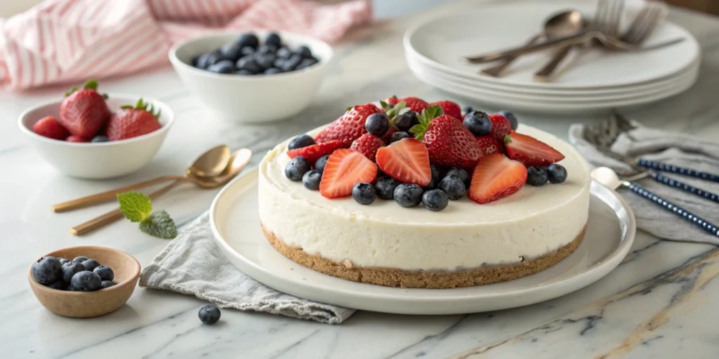 Freshly prepared no-bake cheesecake with berries, served on a white plate in a modern kitchen.
