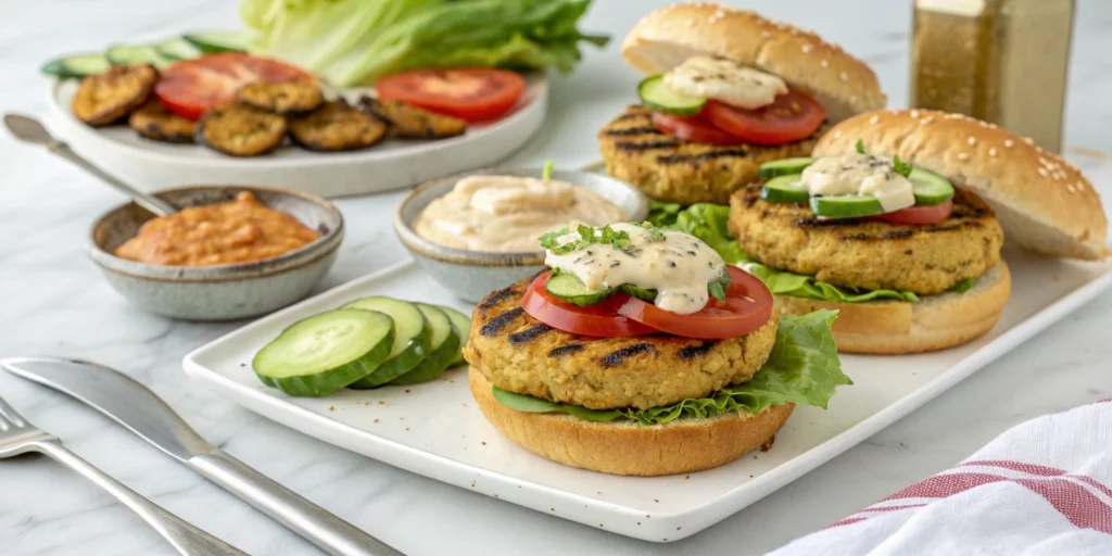 Assembling a chickpea burger with fresh toppings on a white marble countertop in a modern kitchen.