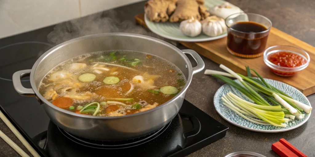 Pot of simmering broth with aromatics on a stovetop, soy sauce, and gochujang in the background.