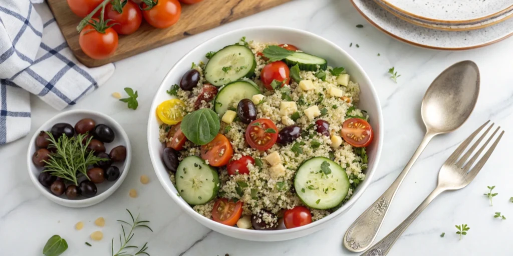 Vibrant tri-color quinoa salad with fresh vegetables and herbs served in a well-organized kitchen on a white marble countertop.