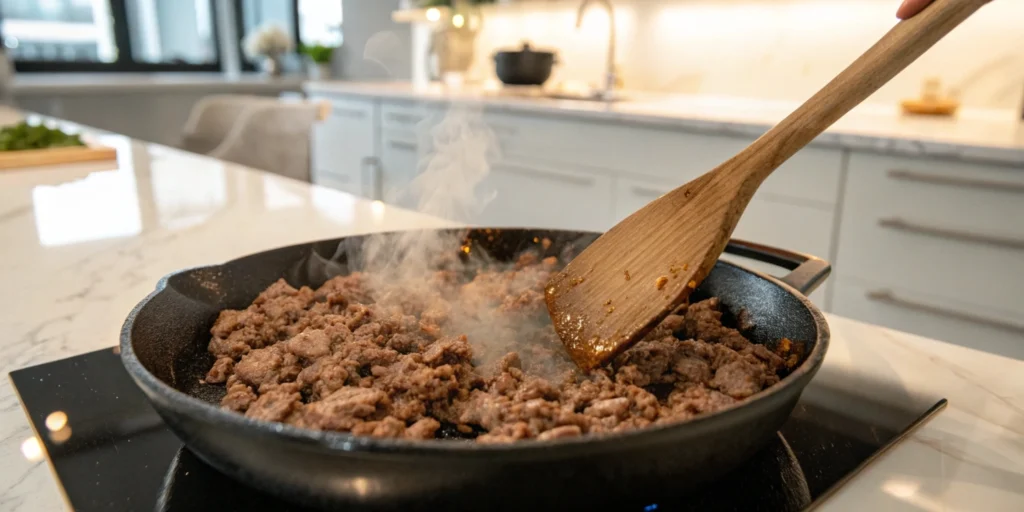 Cooked ground beef in a skillet with fresh vegetables like carrots, onions, and mushrooms on a marble countertop.
