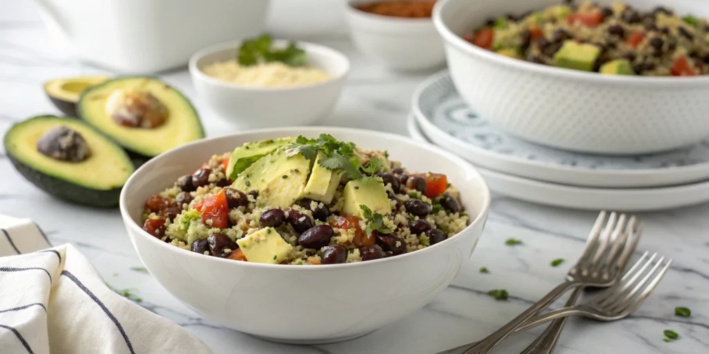 Avocado and black bean tri-color quinoa salad served in a white bowl with a creamy texture, placed on a marble countertop.