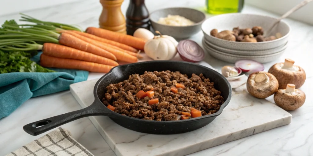 Plated ground beef bulgogi with white rice, green onions, sesame seeds, and kimchi on a marble countertop.