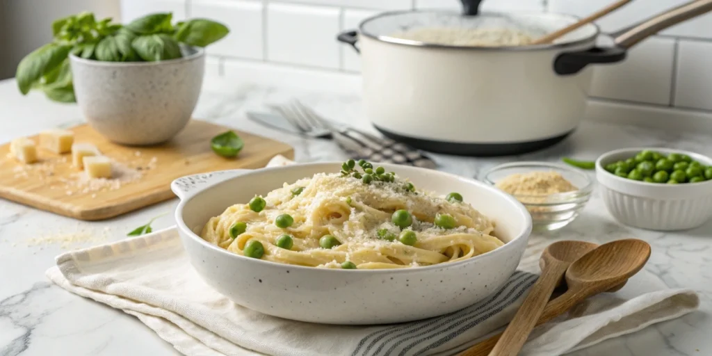 Dairy-free creamy coconut Alfredo pasta in a white ceramic bowl, garnished with peas and nutritional yeast on a marble countertop.