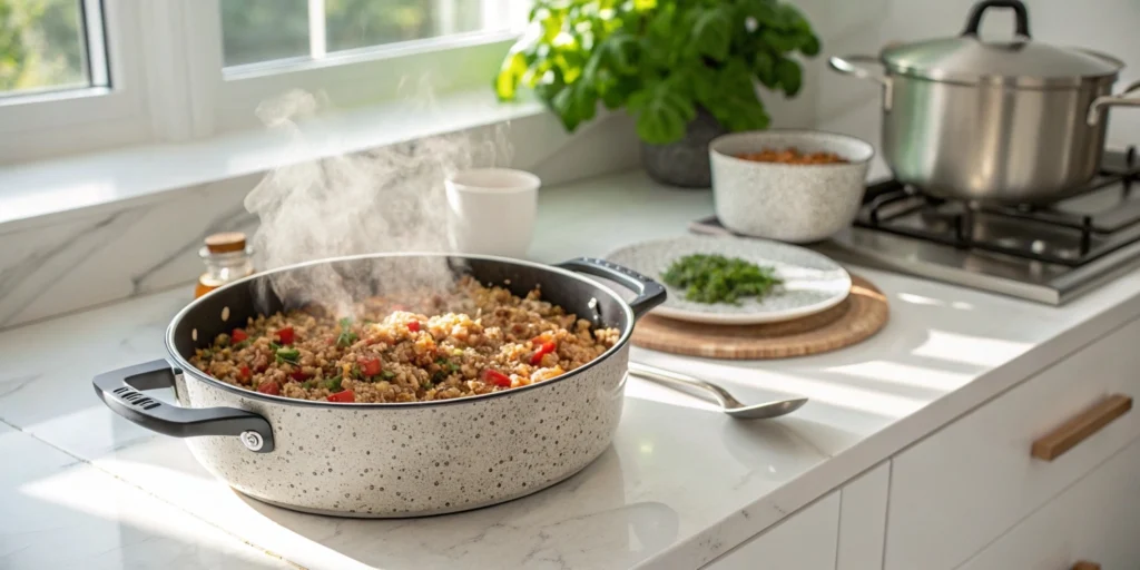 Cooking tri-color quinoa in a pot on the stove in a modern kitchen with a white marble countertop and stainless steel utensils.