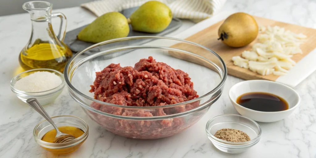 Sizzling ground beef cooking in a cast-iron skillet with a wooden spatula in a modern kitchen.