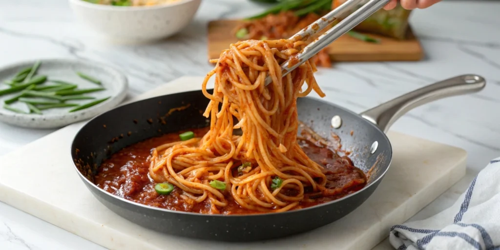 Noodles being tossed in a skillet with glossy gochujang butter sauce, lifted by stainless steel tongs, on a marble countertop with chopped green onions in the background.