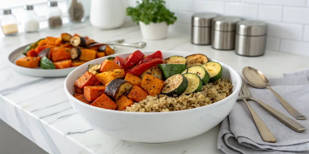 Roasted vegetable tri-color quinoa salad served in a white bowl, with sweet potatoes, zucchini, and bell peppers, on a marble countertop.