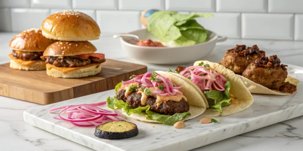 Three variations of ground beef bulgogi: tacos, sliders, and lettuce wraps on a marble countertop.