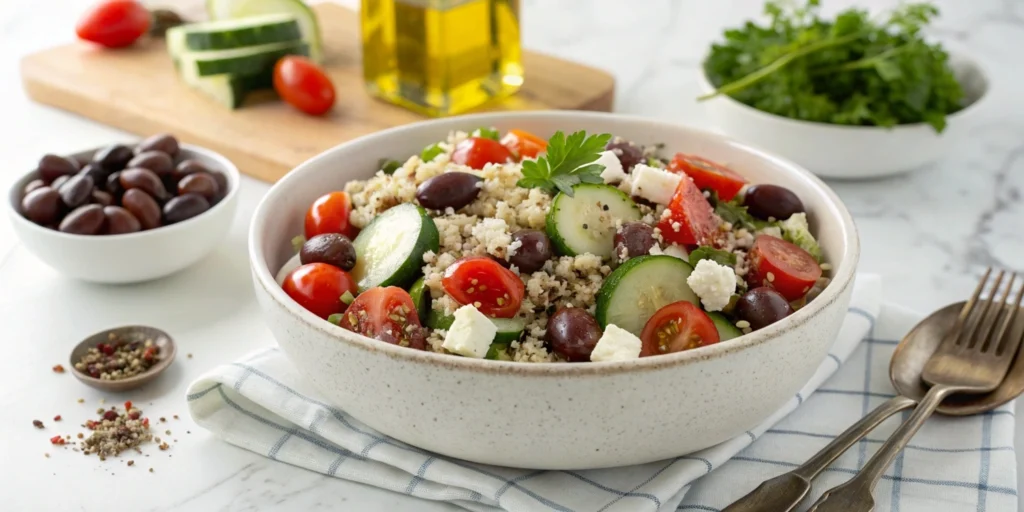 Mediterranean tri-color quinoa salad with fresh vegetables and feta cheese served in a white bowl on a white marble countertop.