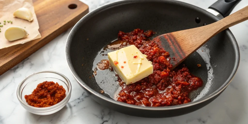 Butter melting in a non-stick skillet with minced garlic and gochujang paste, creating a rich red sauce, on a white marble countertop.