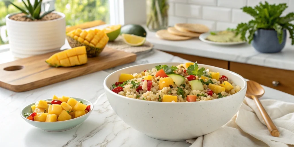 Tropical tri-color quinoa salad with mango and pineapple served in a white bowl on a marble countertop.