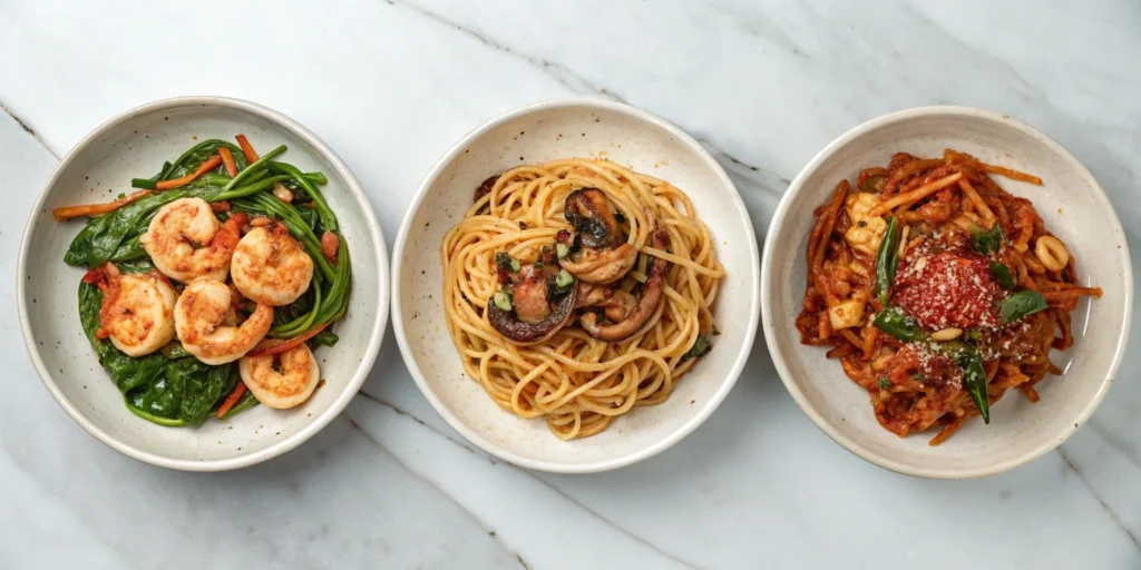 Three variations of butter gochujang noodles: one topped with grilled shrimp, another with sautéed mushrooms and spinach, and the last with kimchi, displayed side by side on a marble countertop.