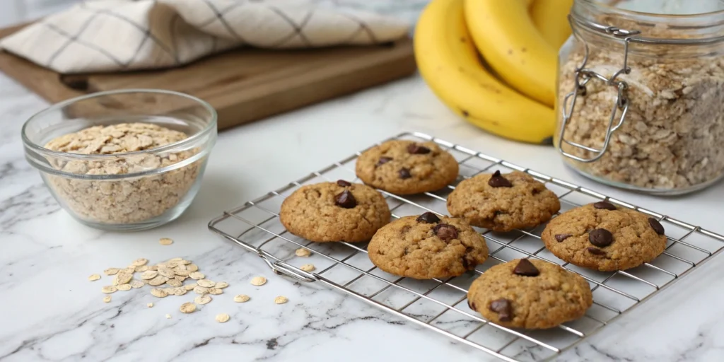 Freshly baked banana oat cookies on a wire rack, with chocolate chips on top and a jar of oats and ripe bananas nearby.
