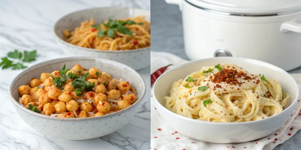 Two bowls of dairy-free pasta side by side, showcasing coconut Alfredo and spicy chickpea rotini on a marble counter.