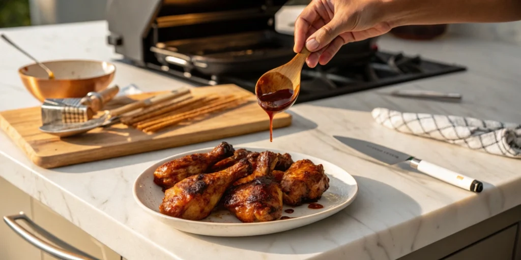 Cooked chicken drumsticks drizzled with smoky BBQ sauce on a white marble countertop, with kitchen tools and fresh ingredients in the background.