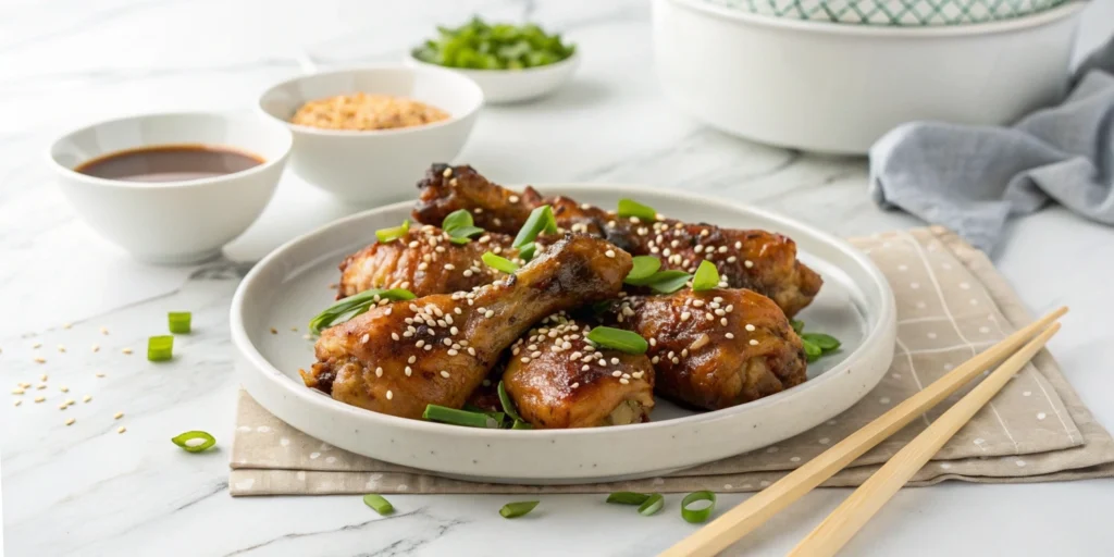 Soy ginger chicken drumsticks garnished with sesame seeds and green onions on a white plate, with a marble kitchen countertop in the background.
