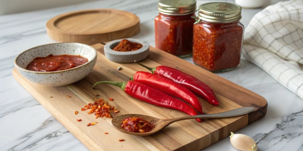 Fresh chili peppers, gochujang, and chili flakes on a wooden board on a marble countertop.