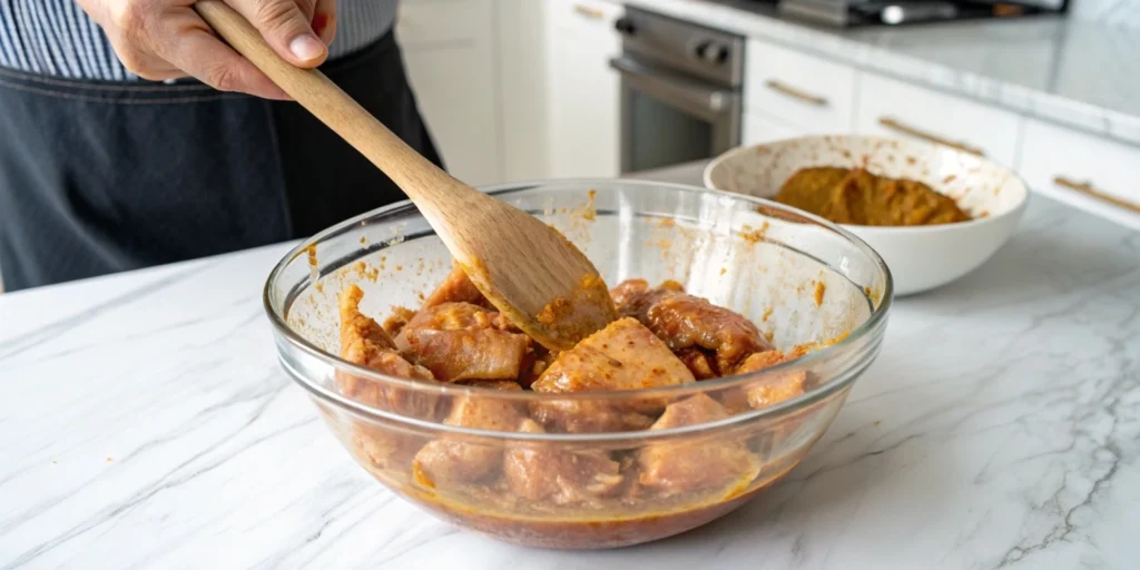 Coating chicken with marinade in a glass bowl on a white marble countertop.